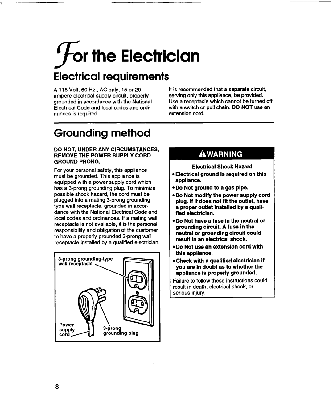 KitchenAid KULSL85 installation instructions For the Electrician, Electrical requirements, Grounding method 