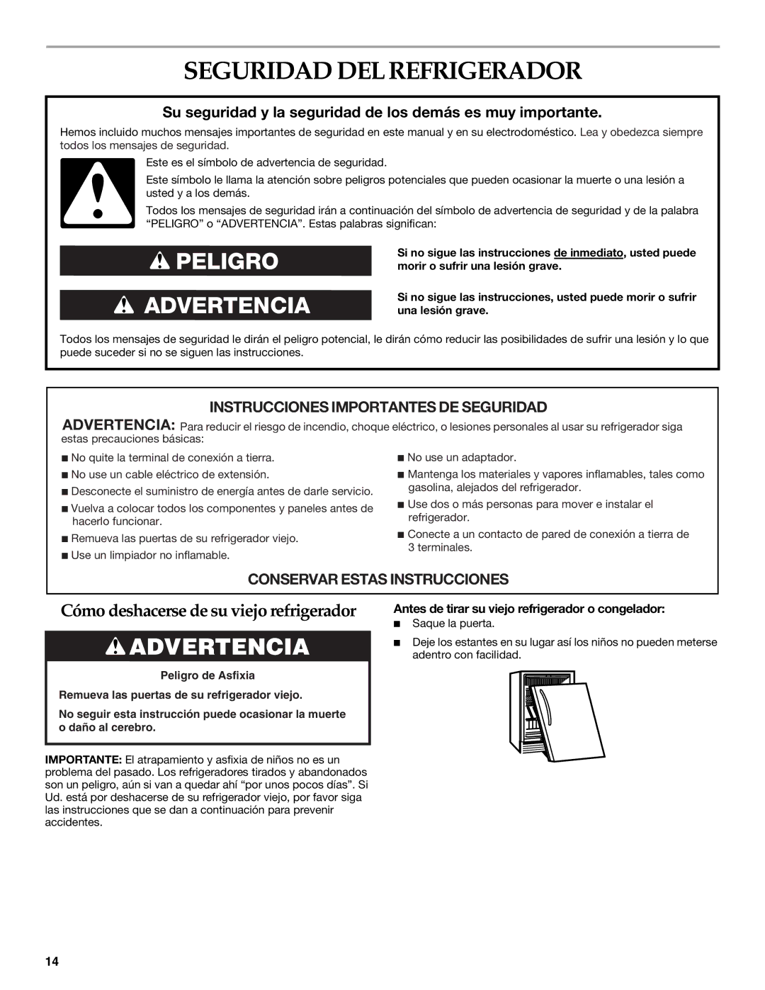 KitchenAid KURO24LSBX manual Seguridad DEL Refrigerador, Antes de tirar su viejo refrigerador o congelador 