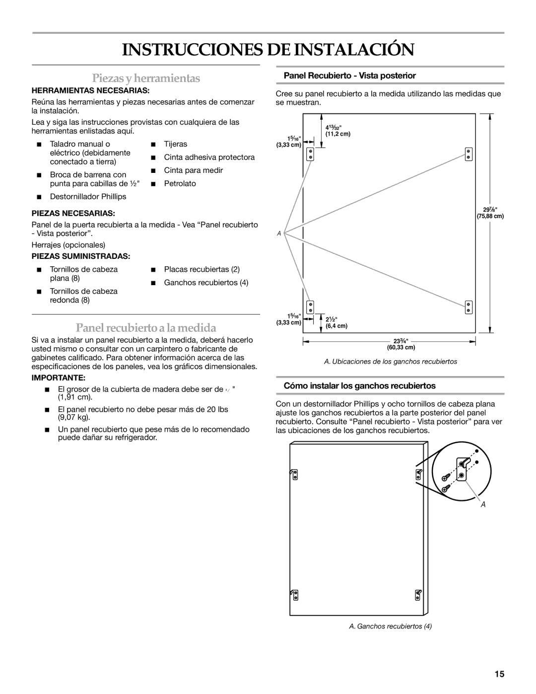 KitchenAid KURO24LSBX manual Instrucciones DE Instalación, Piezas y herramientas, Panel recubierto a la medida 