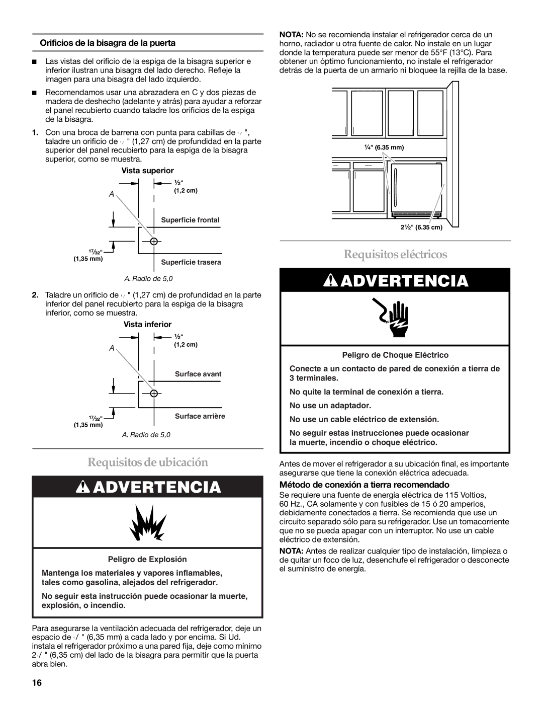 KitchenAid KURO24LSBX manual Requisitos eléctricos, Requisitos de ubicación, Orificios de la bisagra de la puerta 