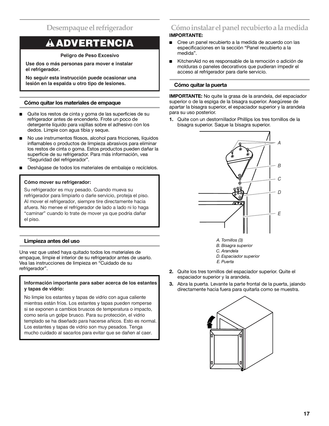 KitchenAid KURO24LSBX Desempaque el refrigerador, Cómo instalar el panel recubierto a la medida, Limpieza antes del uso 