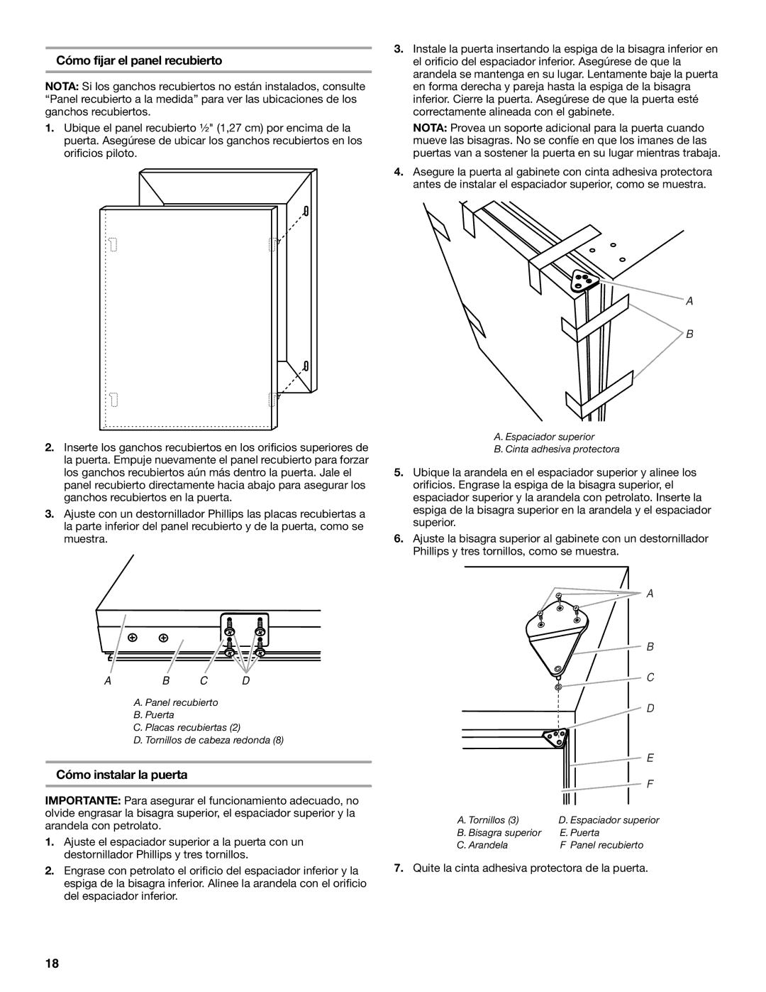 KitchenAid KURO24LSBX manual Cómo fijar el panel recubierto, Cómo instalar la puerta 