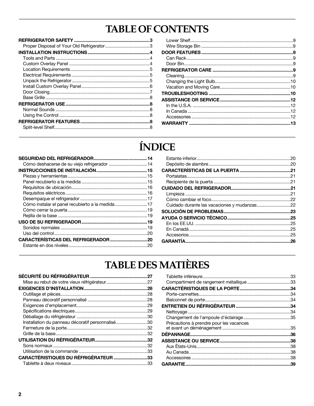 KitchenAid KURO24LSBX manual Table of Contents, Índice, Table DES Matières 