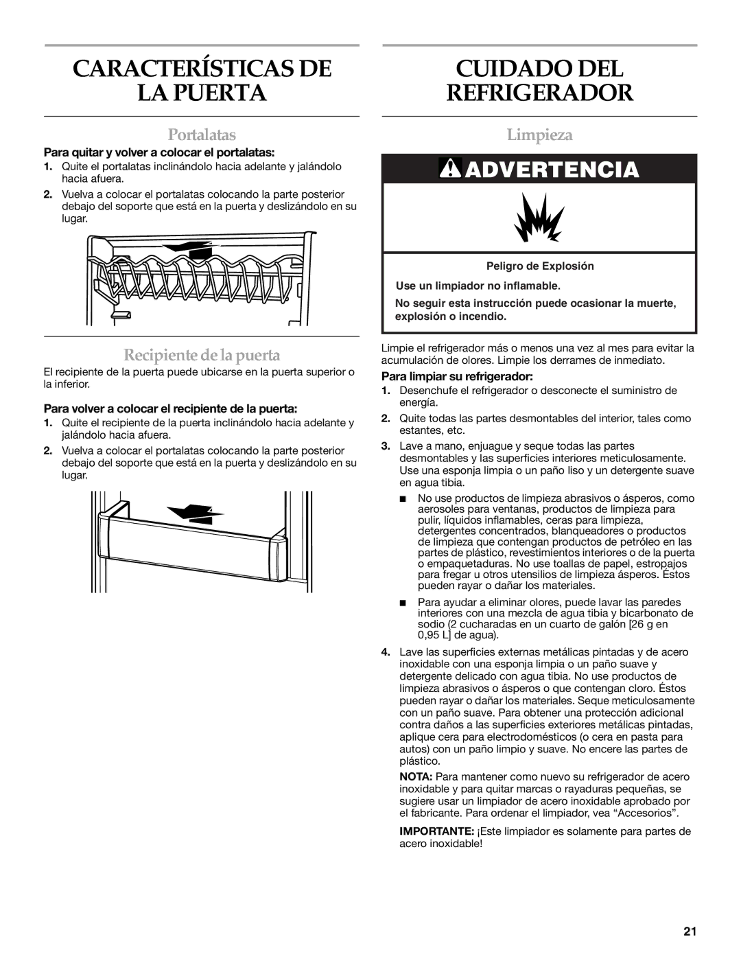 KitchenAid KURO24LSBX manual Características DE LA Puerta, Cuidado DEL Refrigerador, Portalatas, Recipiente de la puerta 