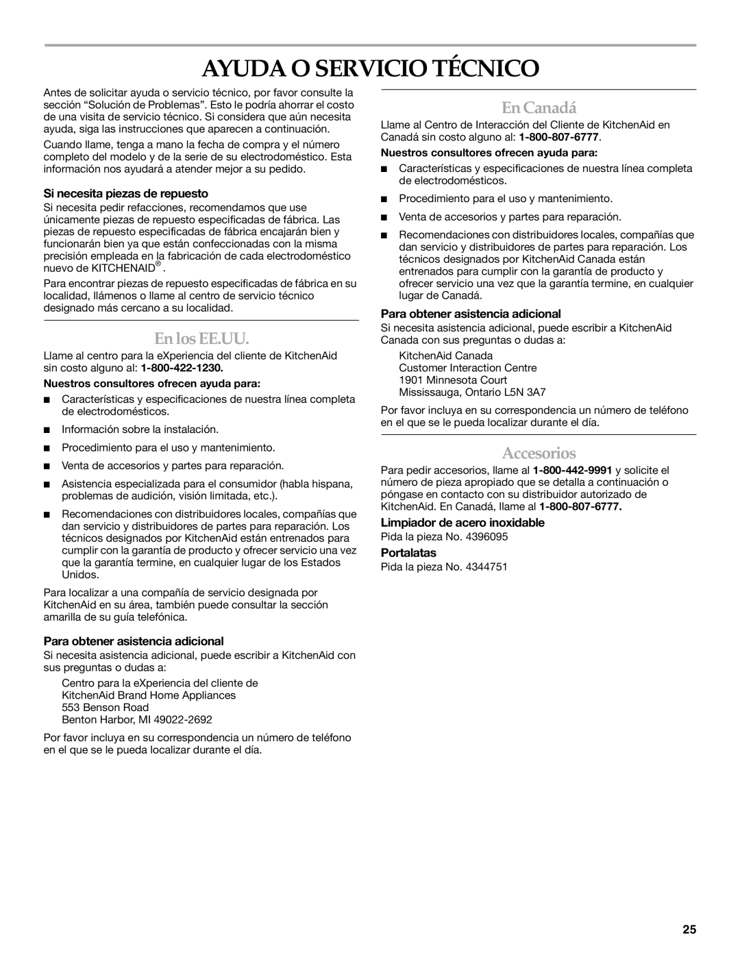 KitchenAid KURO24LSBX manual Ayuda O Servicio Técnico, En Canadá, En los EE.UU, Accesorios 