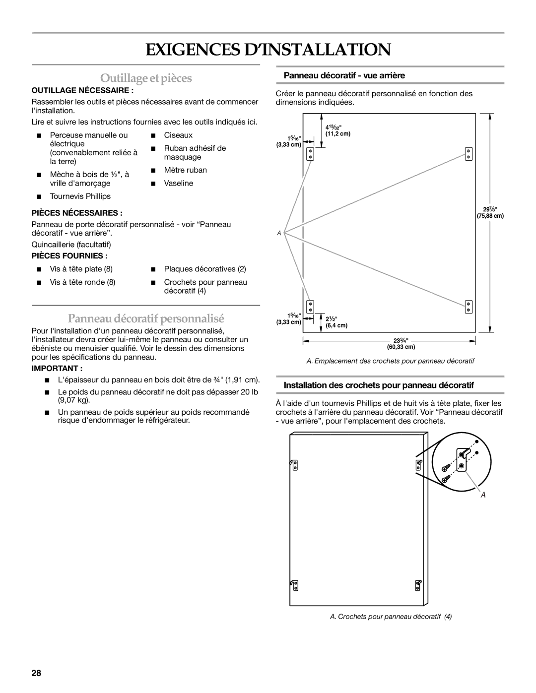 KitchenAid KURO24LSBX manual Exigences D’INSTALLATION, Outillage et pièces, Panneau décoratif personnalisé 