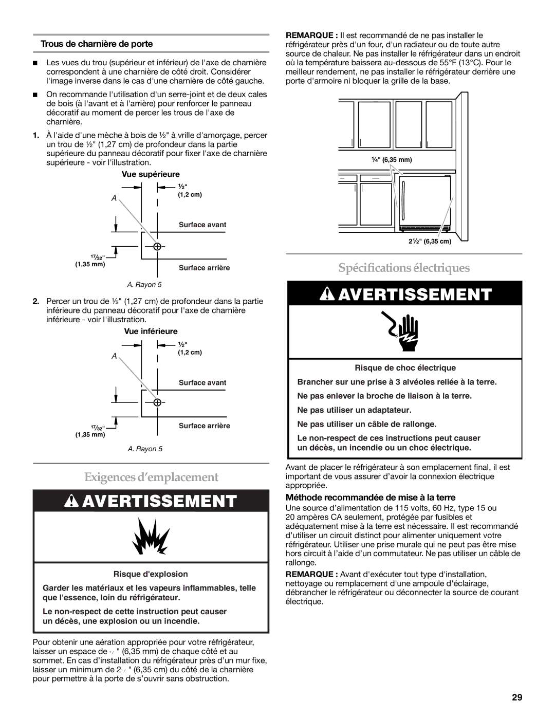 KitchenAid KURO24LSBX manual Spécifications électriques, Exigences d’emplacement, Trous de charnière de porte 