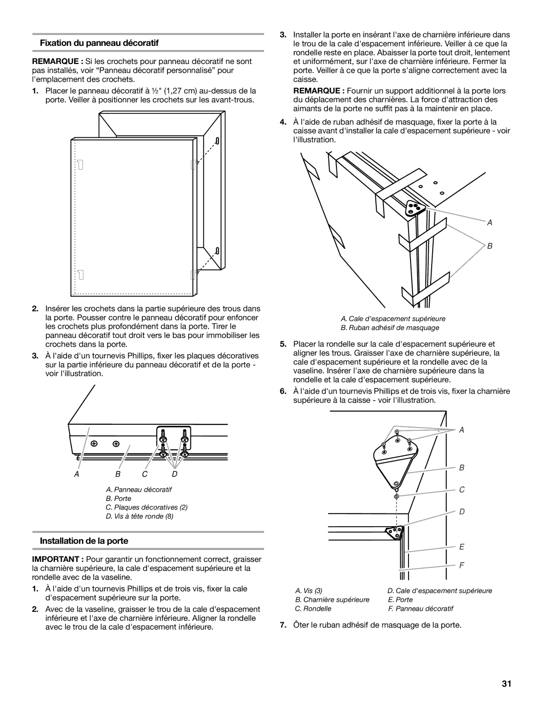 KitchenAid KURO24LSBX manual Fixation du panneau décoratif, Installation de la porte 