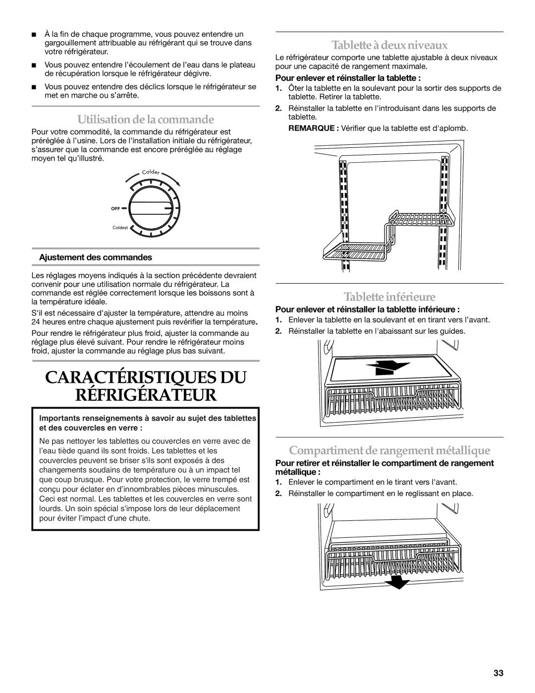 KitchenAid KURO24LSBX manual Caractéristiques DU Réfrigérateur, Utilisation de la commande, Tablette à deux niveaux 