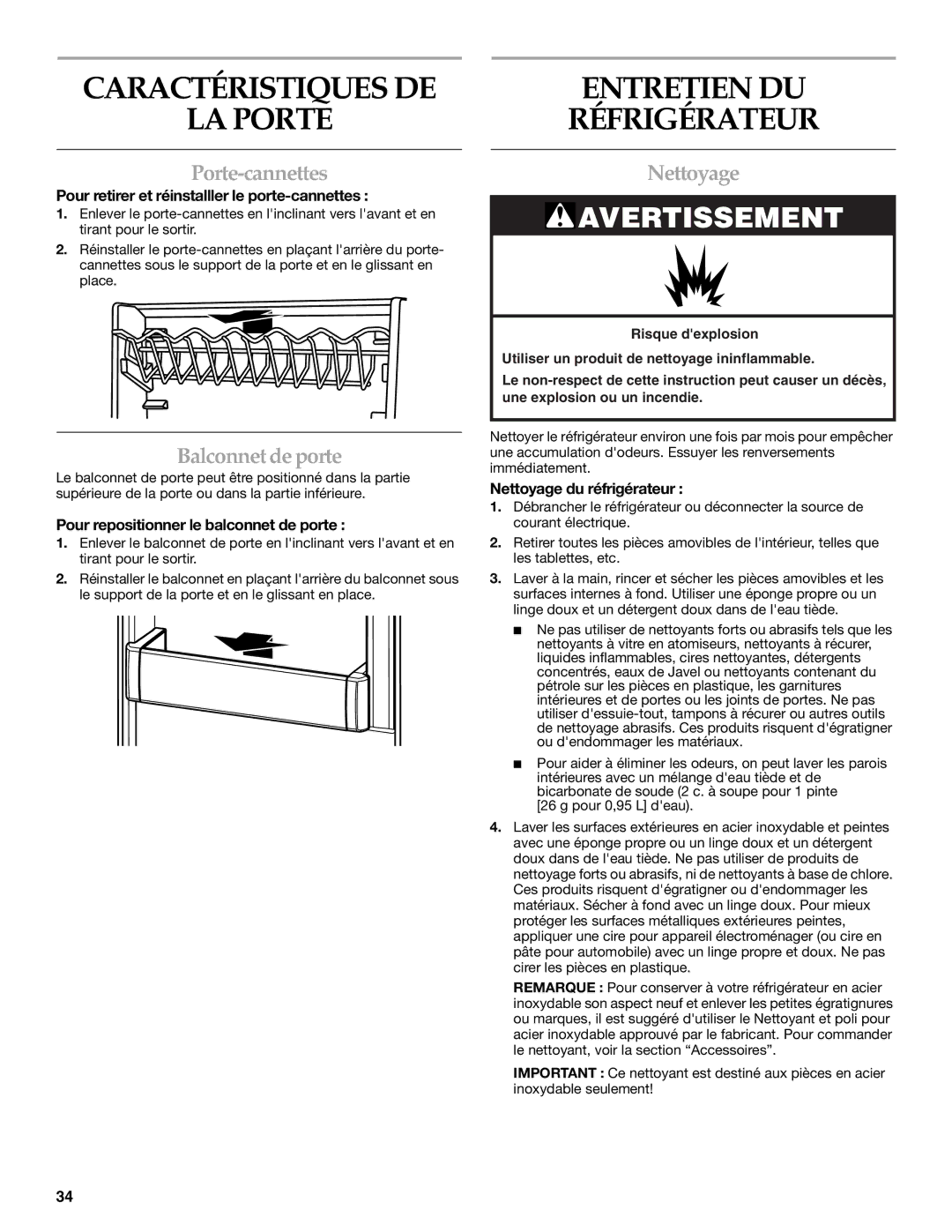 KitchenAid KURO24LSBX manual Caractéristiques DE LA Porte, Entretien DU Réfrigérateur, Porte-cannettes, Balconnet de porte 