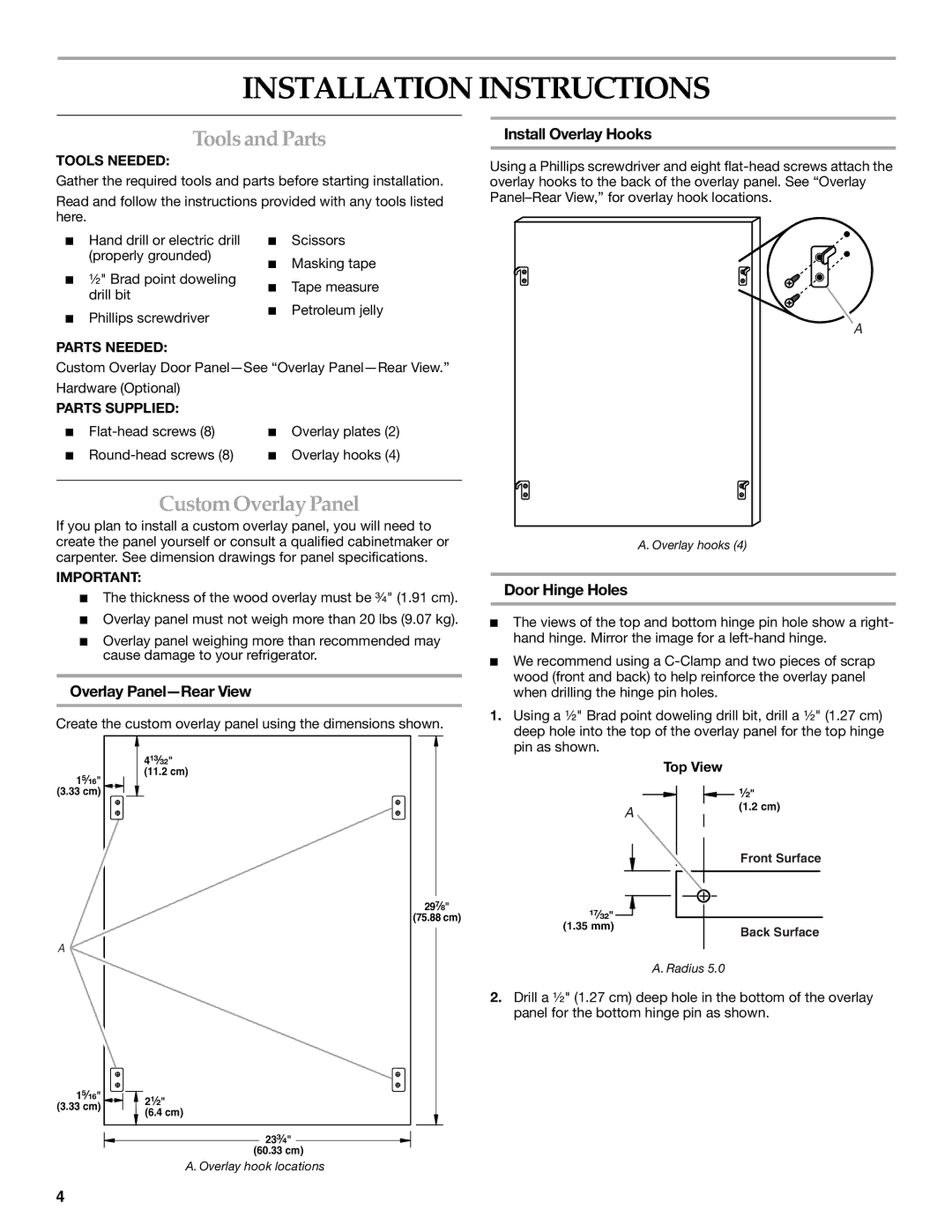 KitchenAid KURO24LSBX manual Installation Instructions, Tools and Parts, Custom Overlay Panel 