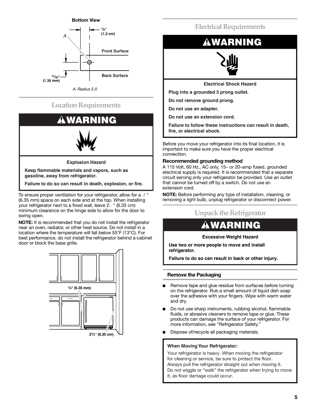 KitchenAid KURO24LSBX manual Electrical Requirements, Location Requirements, Unpack the Refrigerator, Remove the Packaging 