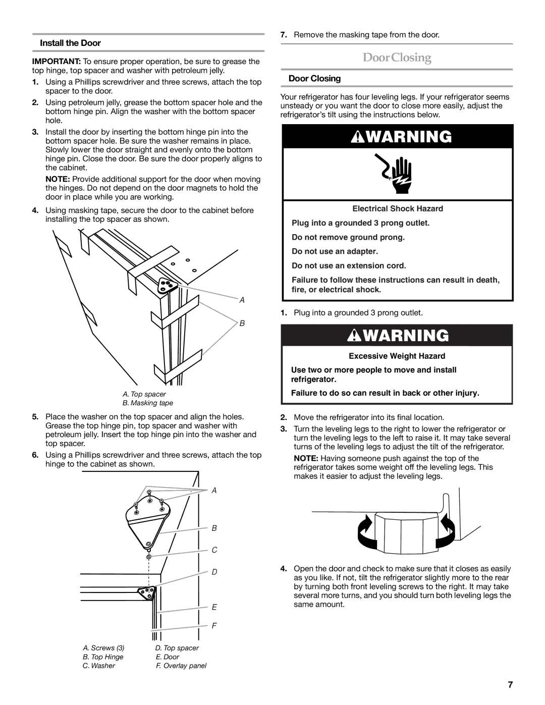 KitchenAid KURO24LSBX manual Door Closing, Install the Door 