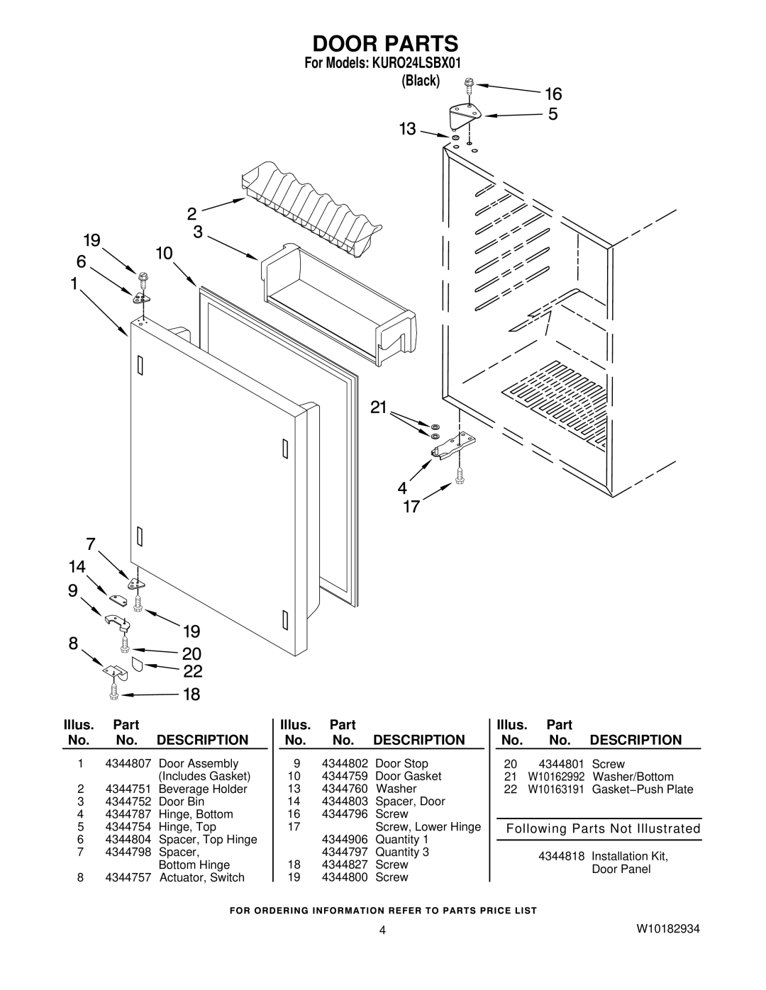 KitchenAid KURO24LSBX01 manual Door Parts 