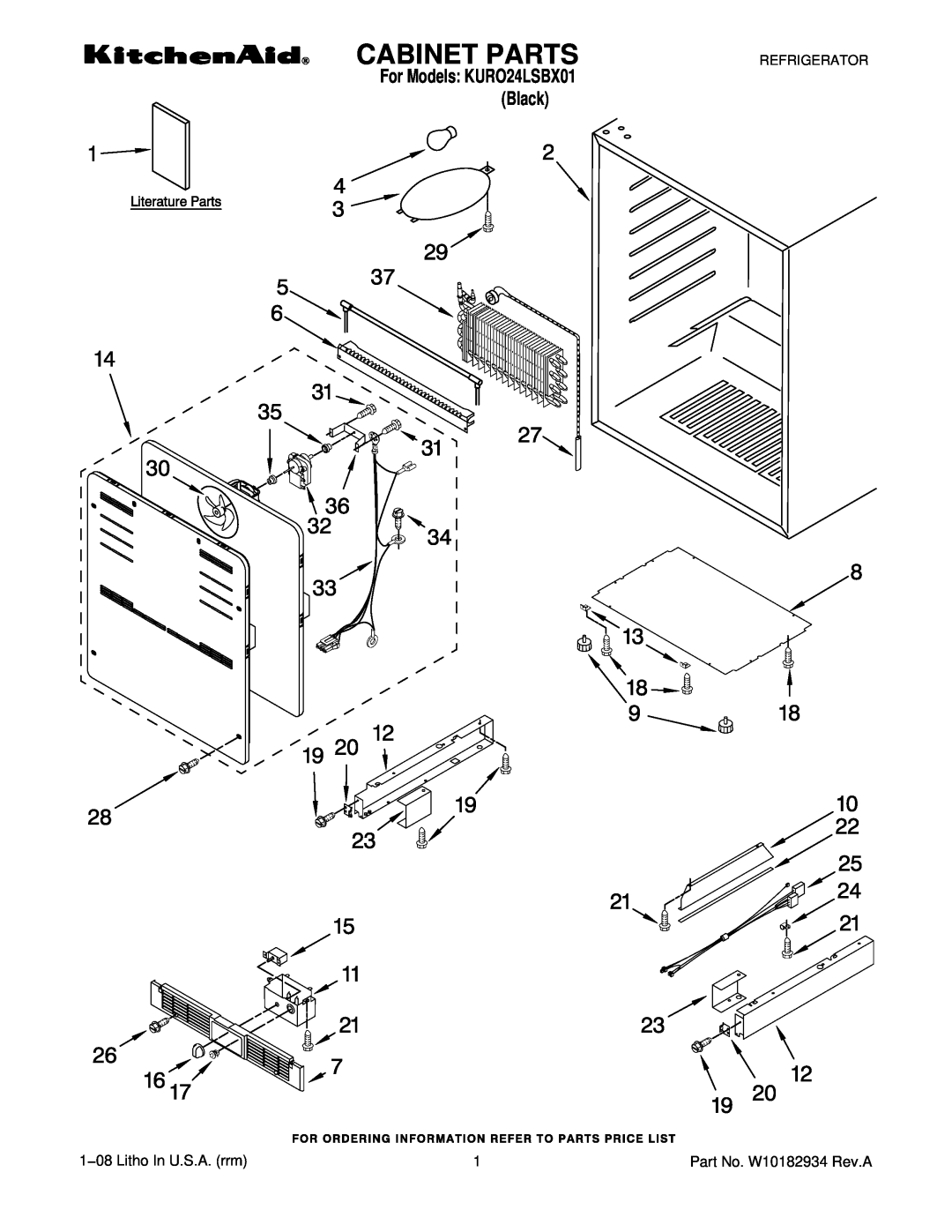 KitchenAid manual Cabinet Parts, 1−08 Litho In U.S.A. rrm, For Models KURO24LSBX01 Black, Refrigerator 