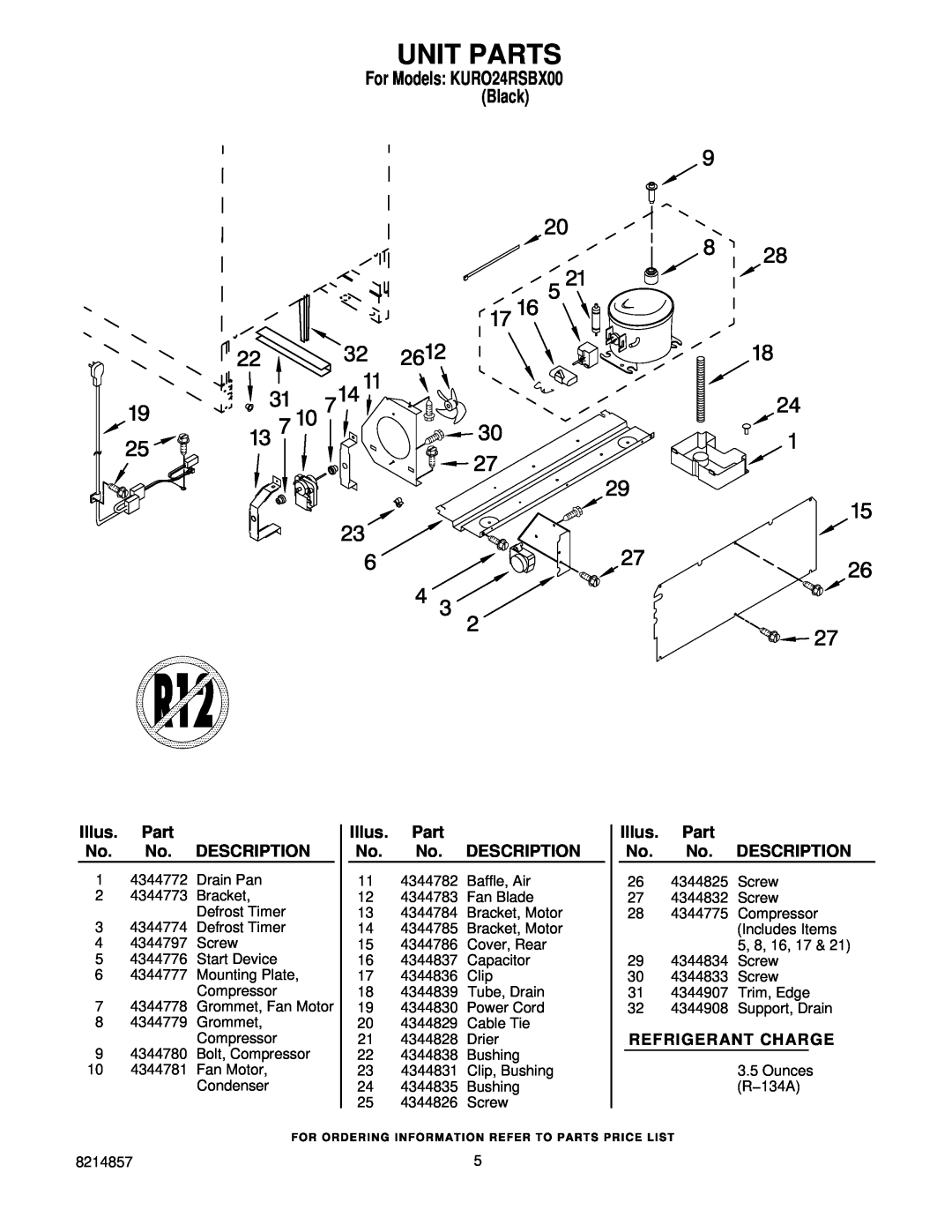 KitchenAid KURO24RSBX00 manual Unit Parts, Refrigerant Charge, Illus. Part No. No. DESCRIPTION 