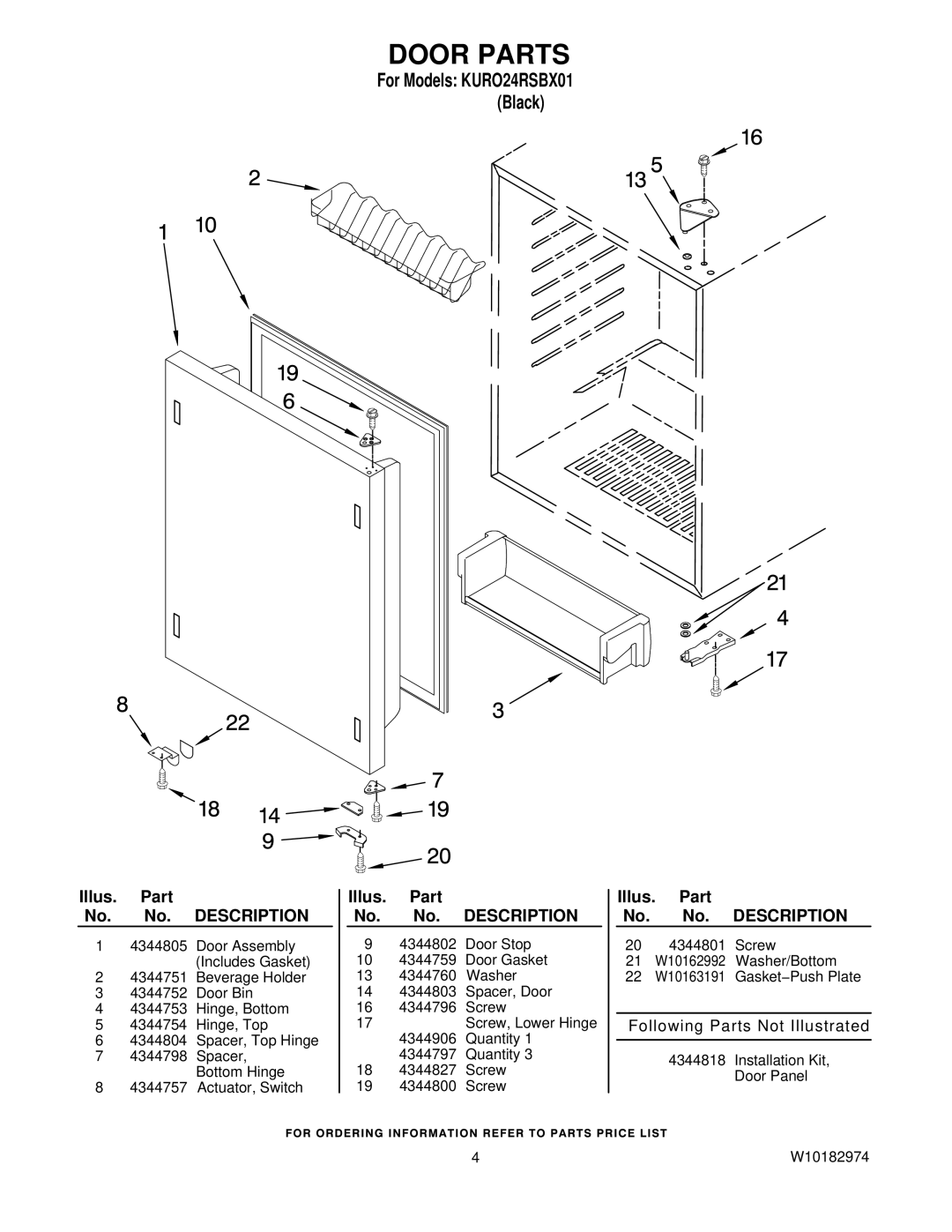 KitchenAid KURO24RSBX01 manual Door Parts 