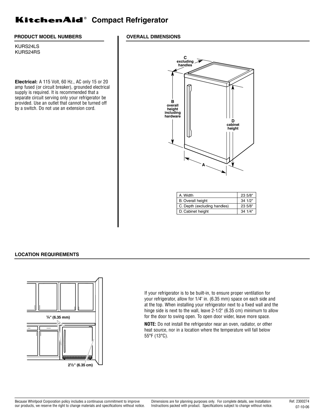 KitchenAid dimensions Compact Refrigerator, Product Model Numbers, KURS24LS KURS24RS, Overall Dimensions 