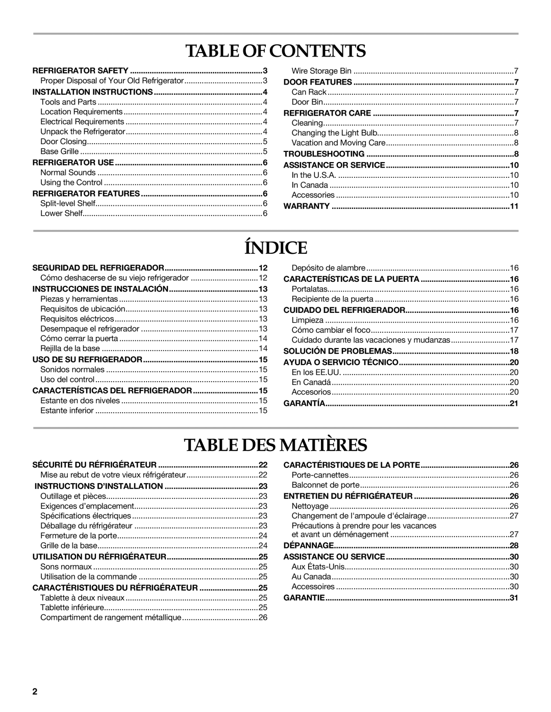 KitchenAid KURS24LSBS manual Table of Contents, Índice, Table DES Matières 