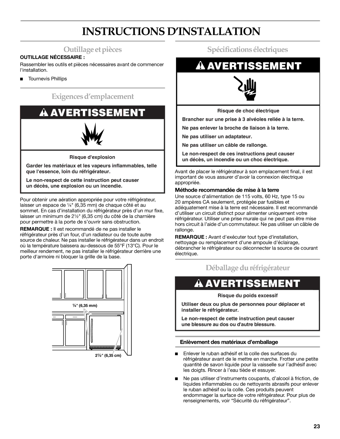 KitchenAid KURS24LSBS manual Instructions D’INSTALLATION, Outillage et pièces, Exigences d’emplacement 