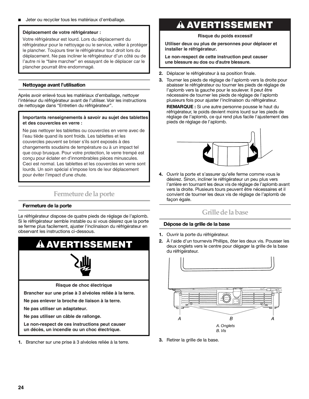 KitchenAid KURS24LSBS manual Fermeture de la porte, Grille de la base, Nettoyage avant l’utilisation 