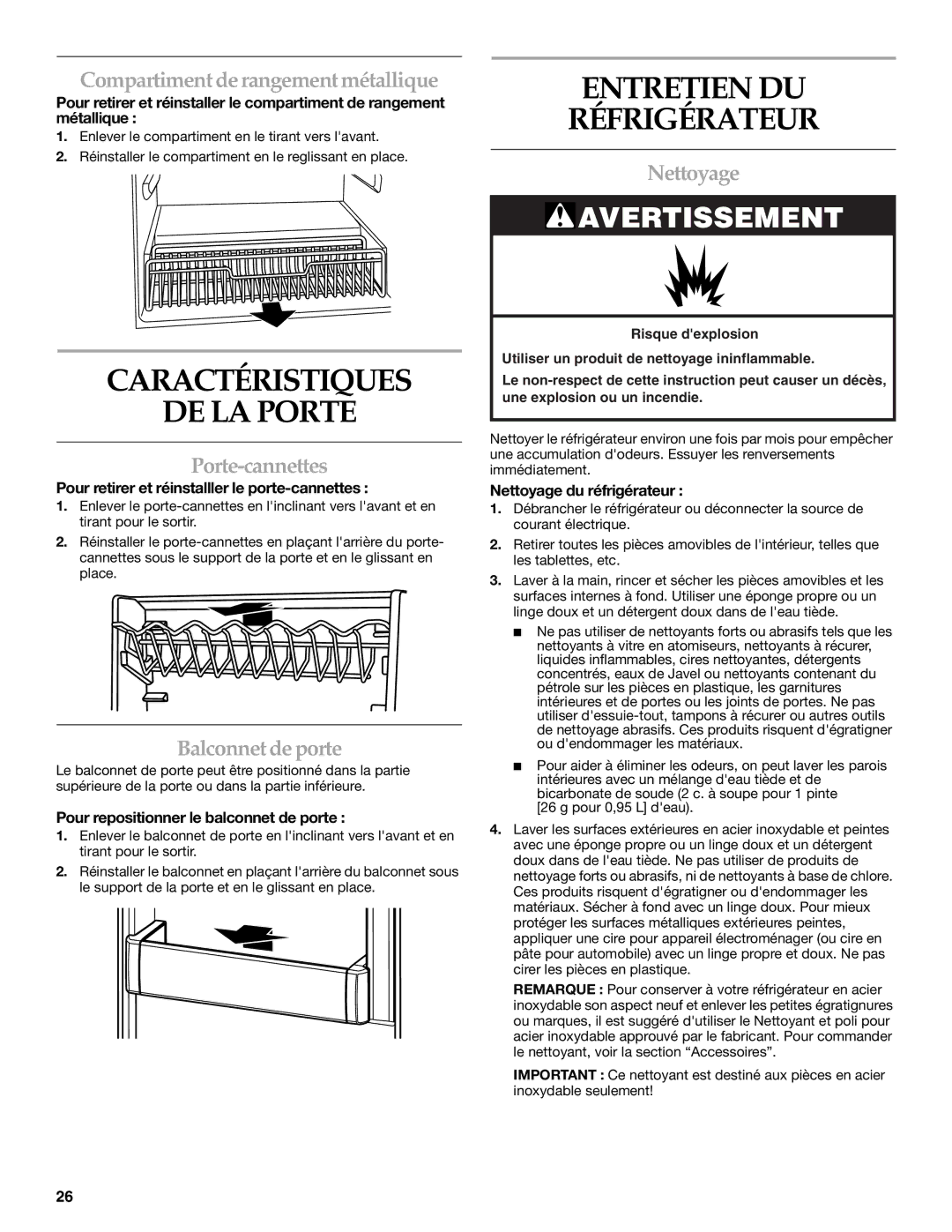 KitchenAid KURS24LSBS manual Caractéristiques DE LA Porte, Entretien DU Réfrigérateur 