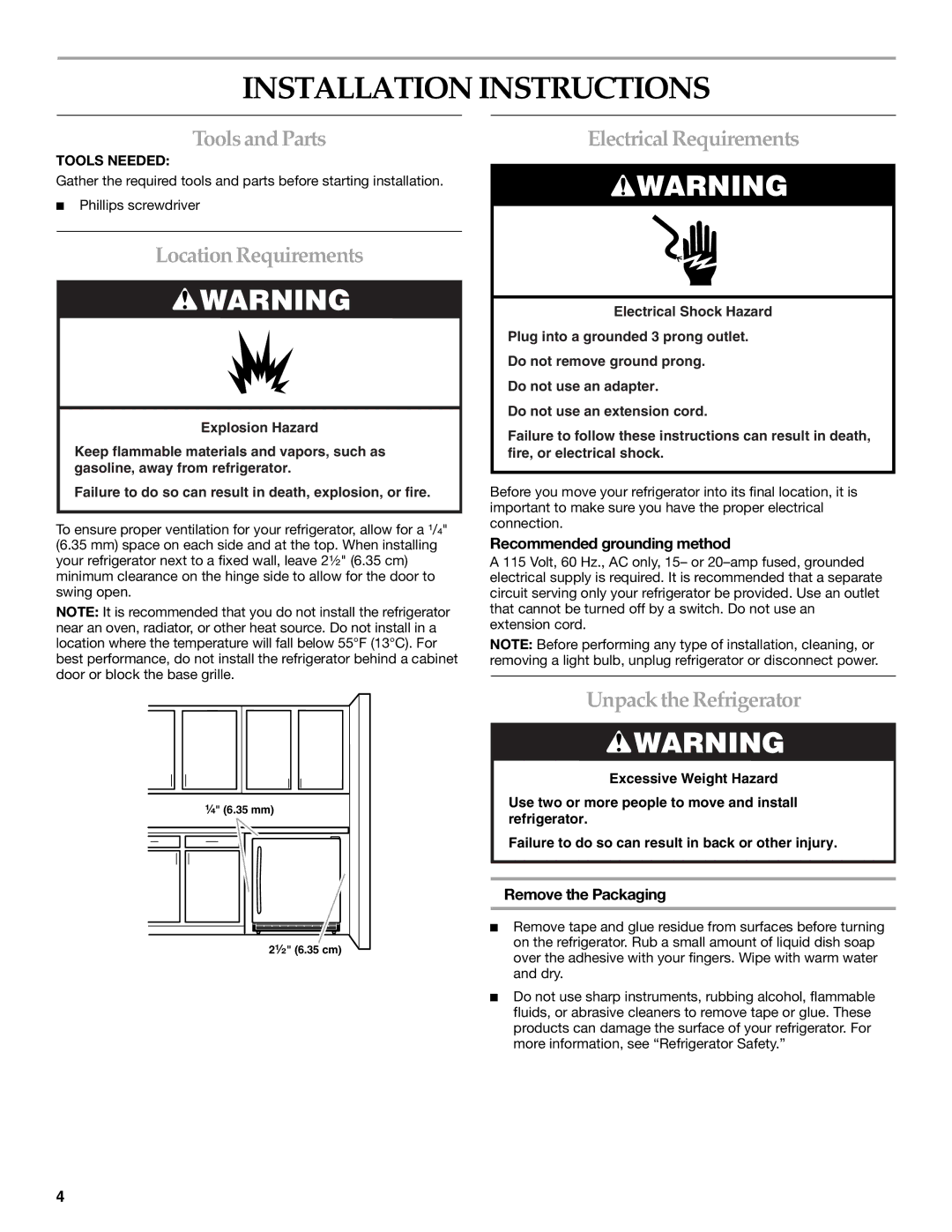 KitchenAid KURS24LSBS manual Installation Instructions, Tools and Parts, Location Requirements, Electrical Requirements 