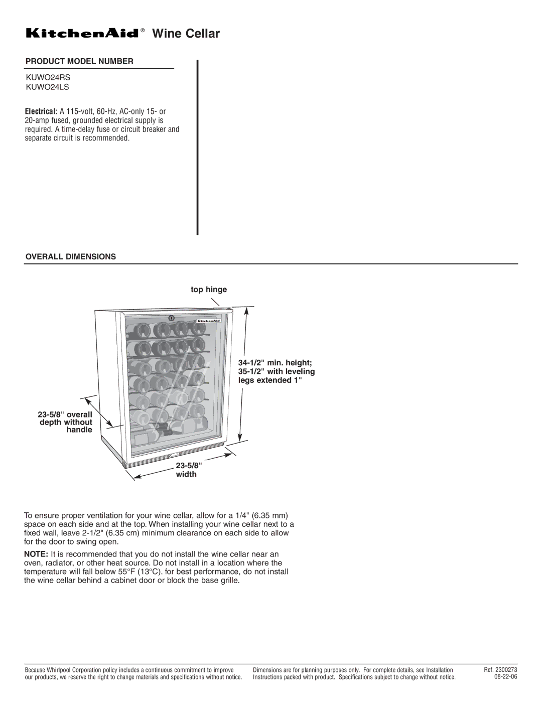 KitchenAid dimensions Wine Cellar, Product Model Number, KUWO24RS KUWO24LS, Overall Dimensions 