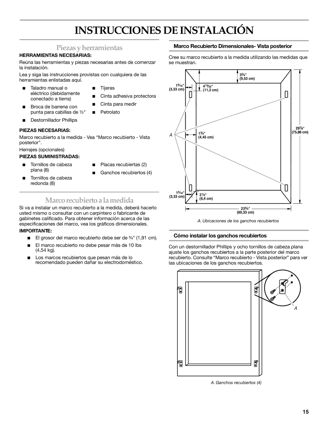 KitchenAid KUWO24LSBX manual Instrucciones DE Instalación, Piezas y herramientas, Marco recubierto a la medida 