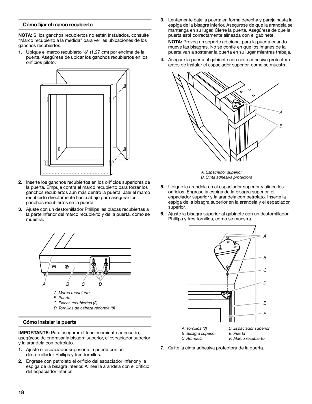 KitchenAid KUWO24LSBX manual Cómo fijar el marco recubierto, Cómo instalar la puerta 