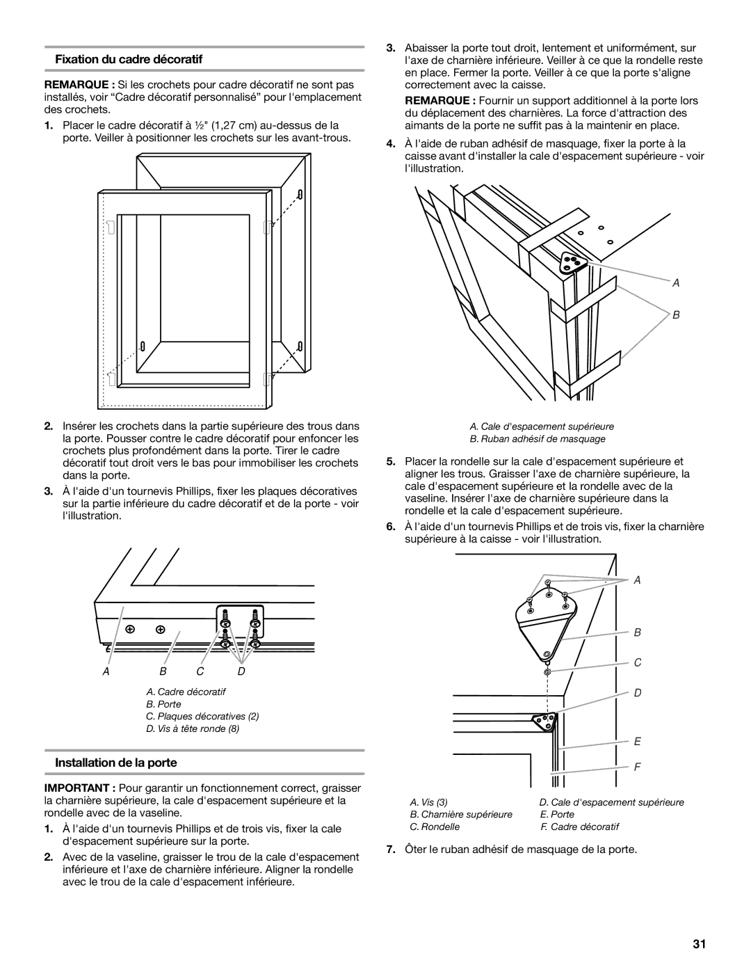 KitchenAid KUWO24LSBX manual Fixation du cadre décoratif, Installation de la porte 