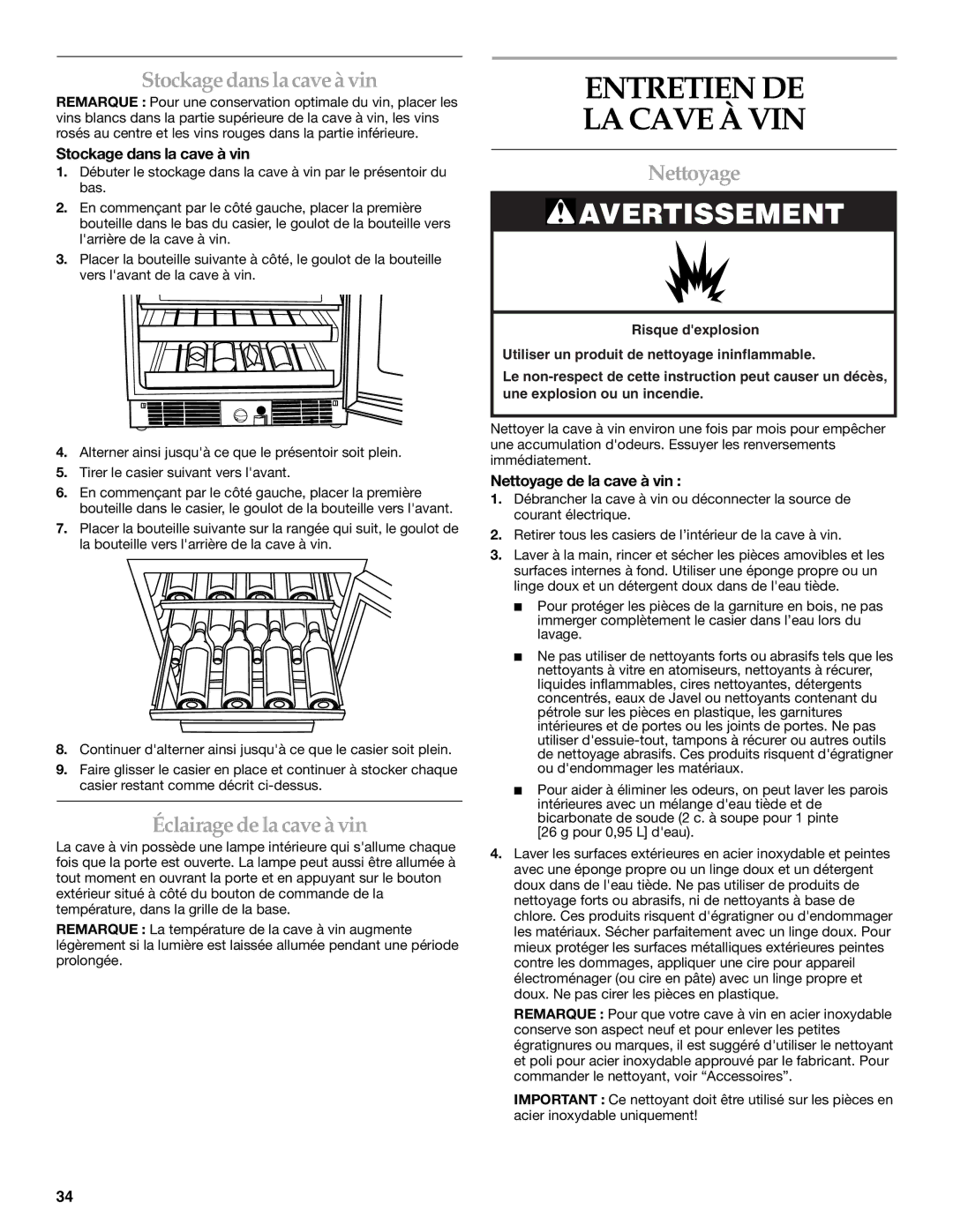 KitchenAid KUWO24LSBX manual Entretien DE LA Cave À VIN, Stockage dans la cave à vin, Éclairage de la cave à vin, Nettoyage 