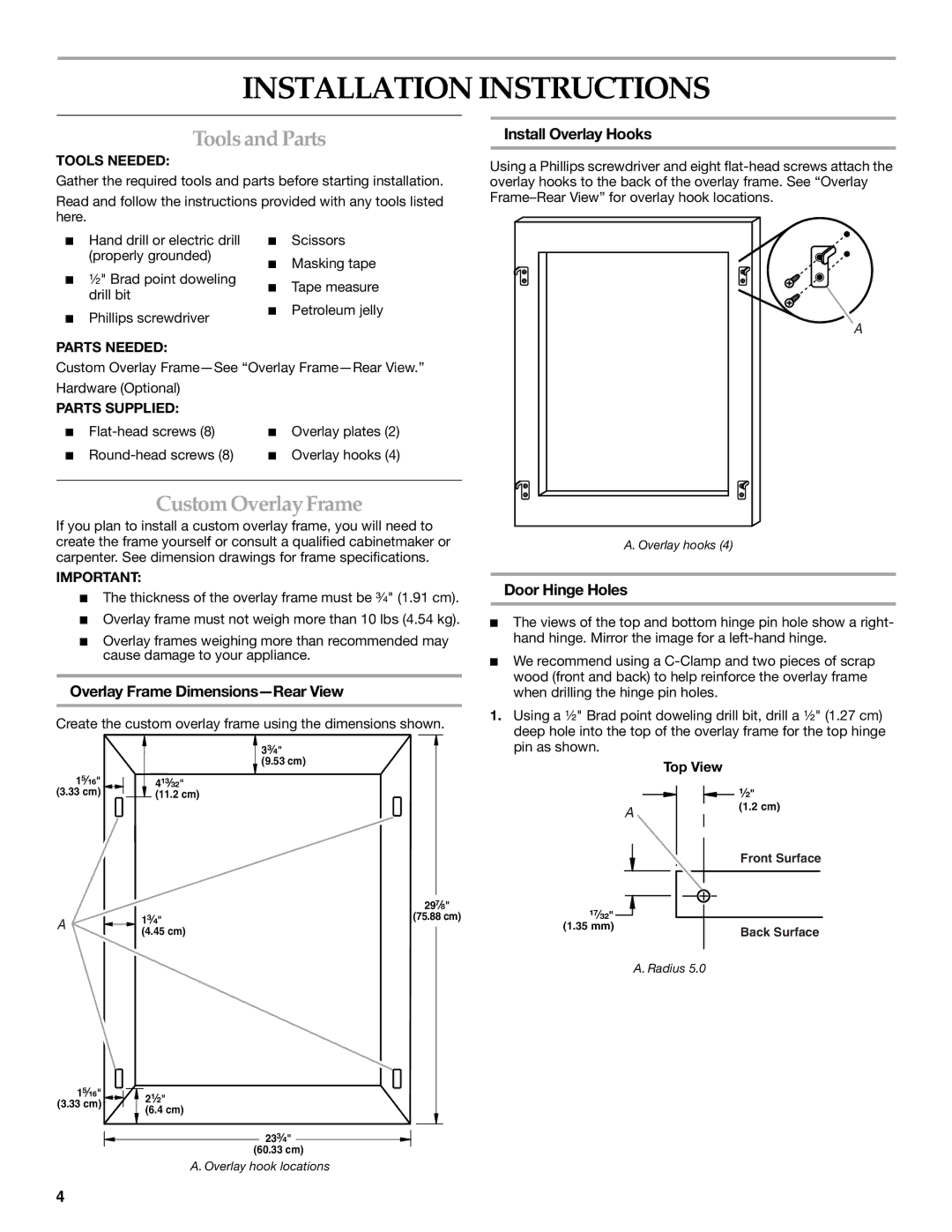 KitchenAid KUWO24LSBX manual Installation Instructions, Tools and Parts, Custom Overlay Frame 