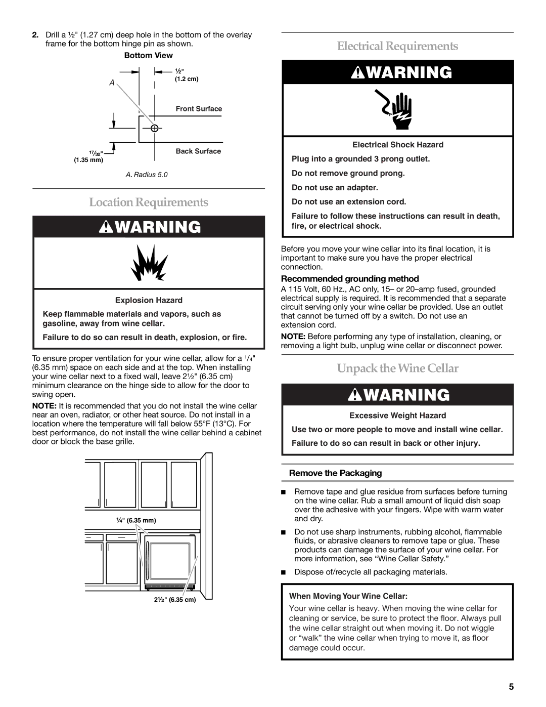 KitchenAid KUWO24LSBX Electrical Requirements, Location Requirements, Unpack the Wine Cellar, Recommended grounding method 