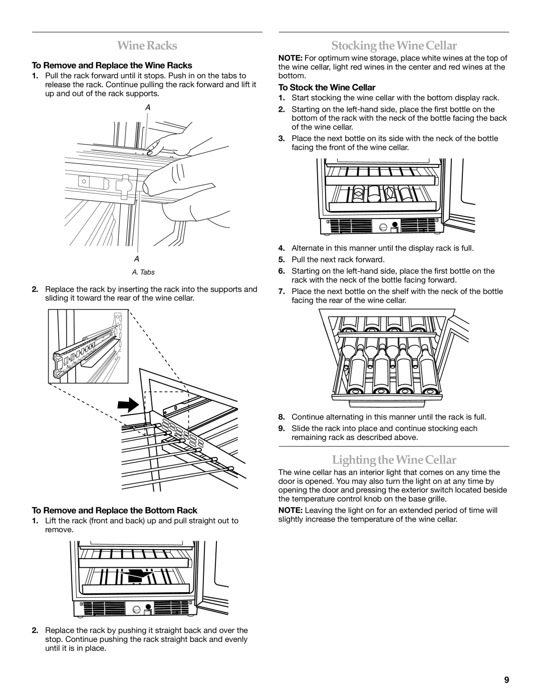 KitchenAid KUWO24LSBX manual Wine Racks, Stocking the Wine Cellar, Lighting the Wine Cellar 