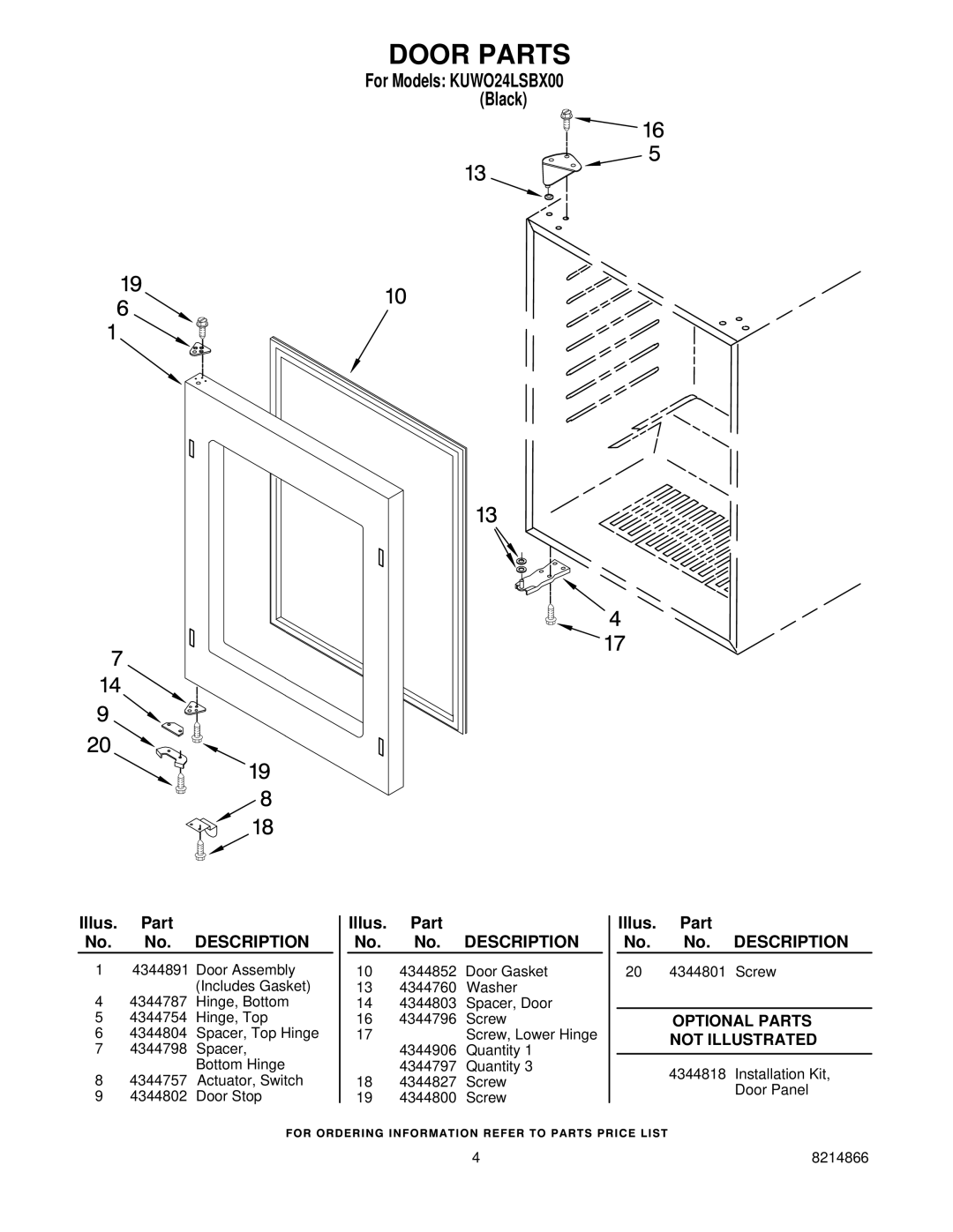 KitchenAid KUWO24LSBX00 manual Door Parts 