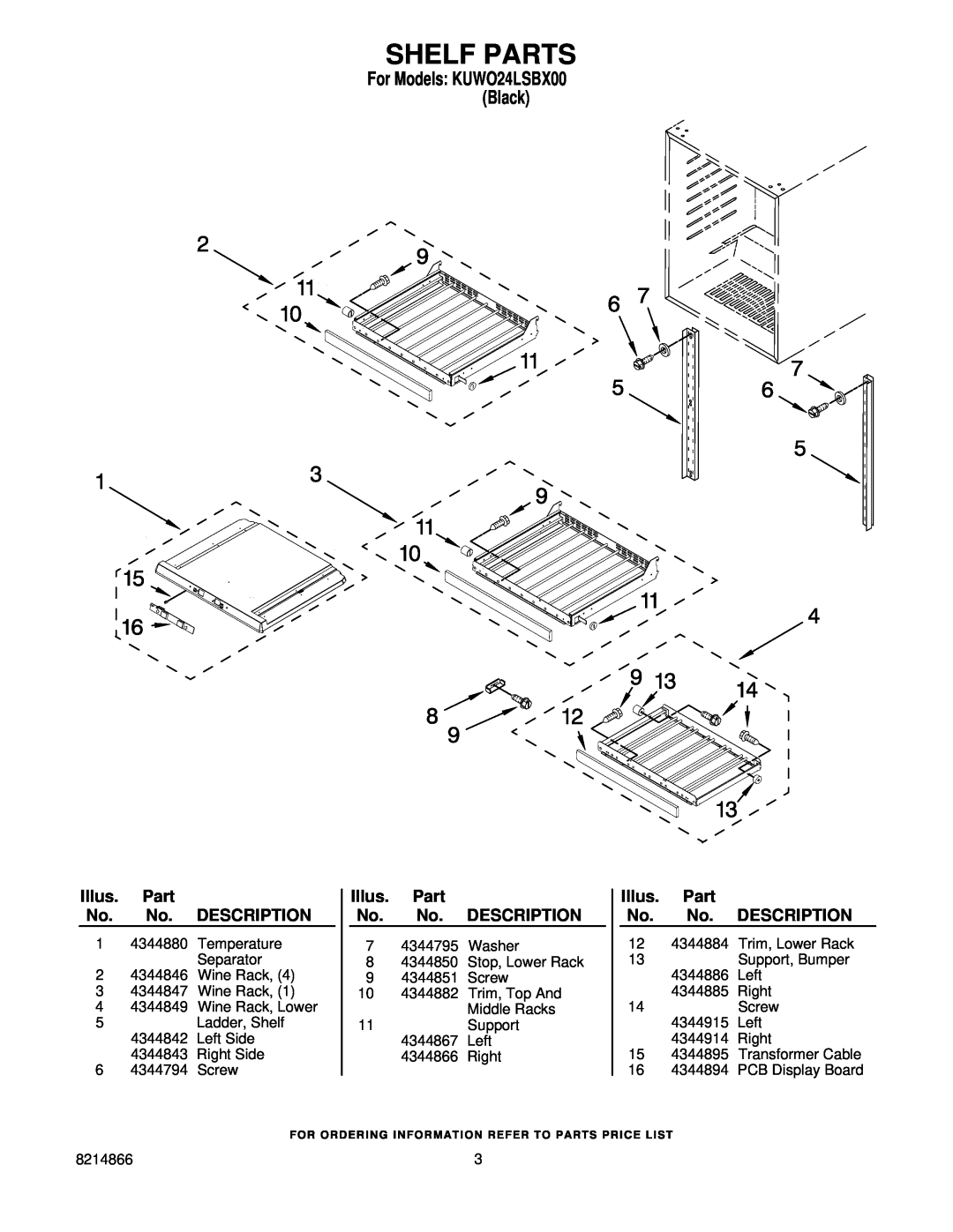 KitchenAid KUWO24LSBX00 manual Shelf Parts, Illus. Part No. No. DESCRIPTION 