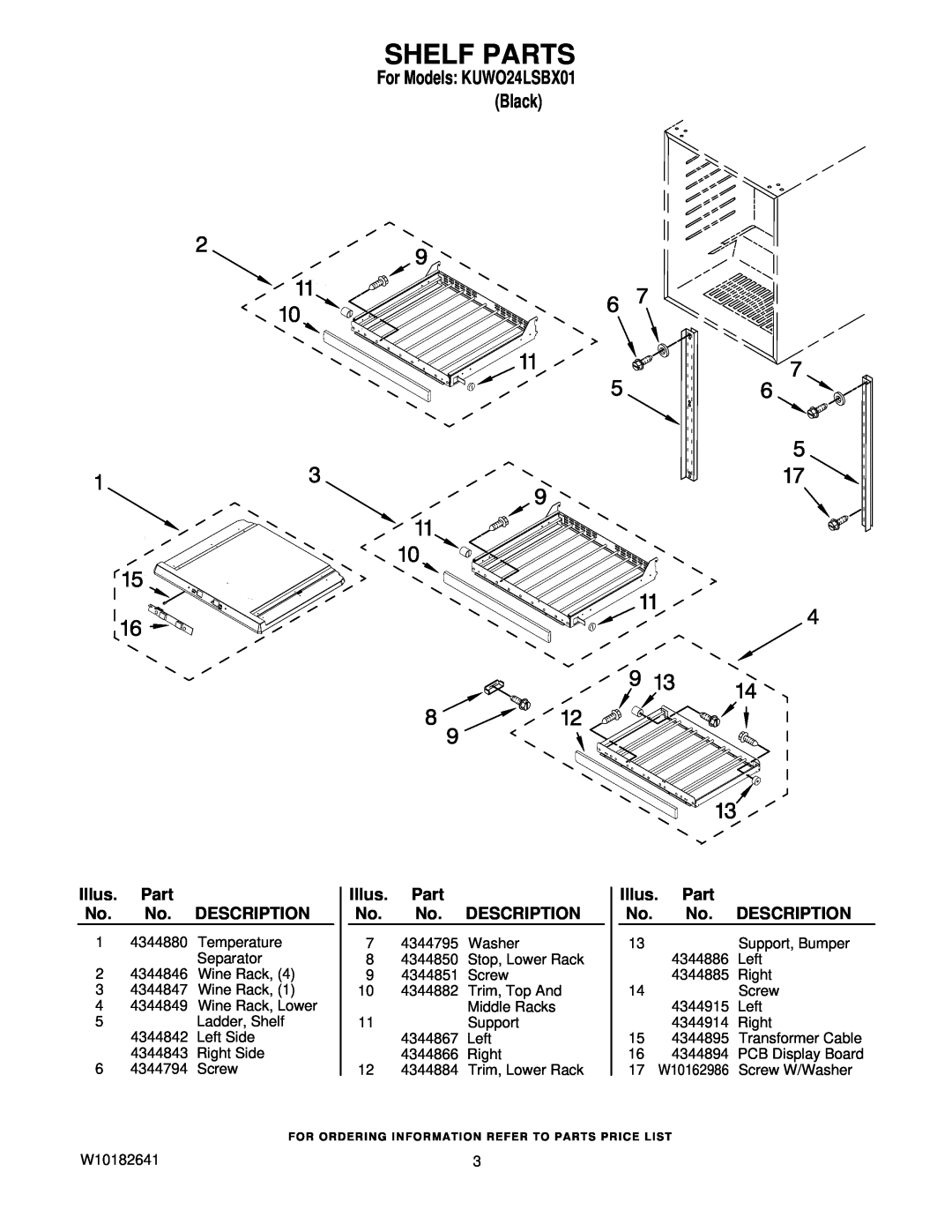 KitchenAid KUWO24LSBX01 manual Shelf Parts, Illus. Part No. No. DESCRIPTION 