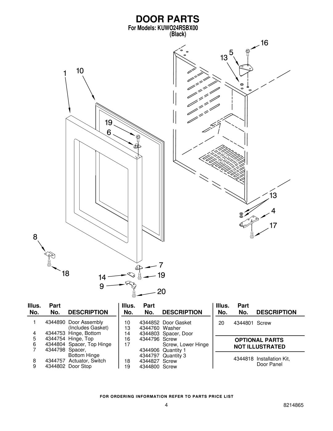 KitchenAid KUWO24RSBX00 manual Door Parts 