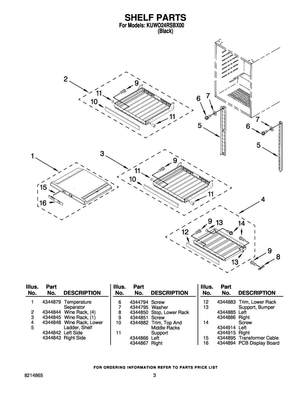 KitchenAid KUWO24RSBX00 manual Shelf Parts, Illus. Part No. No. DESCRIPTION 