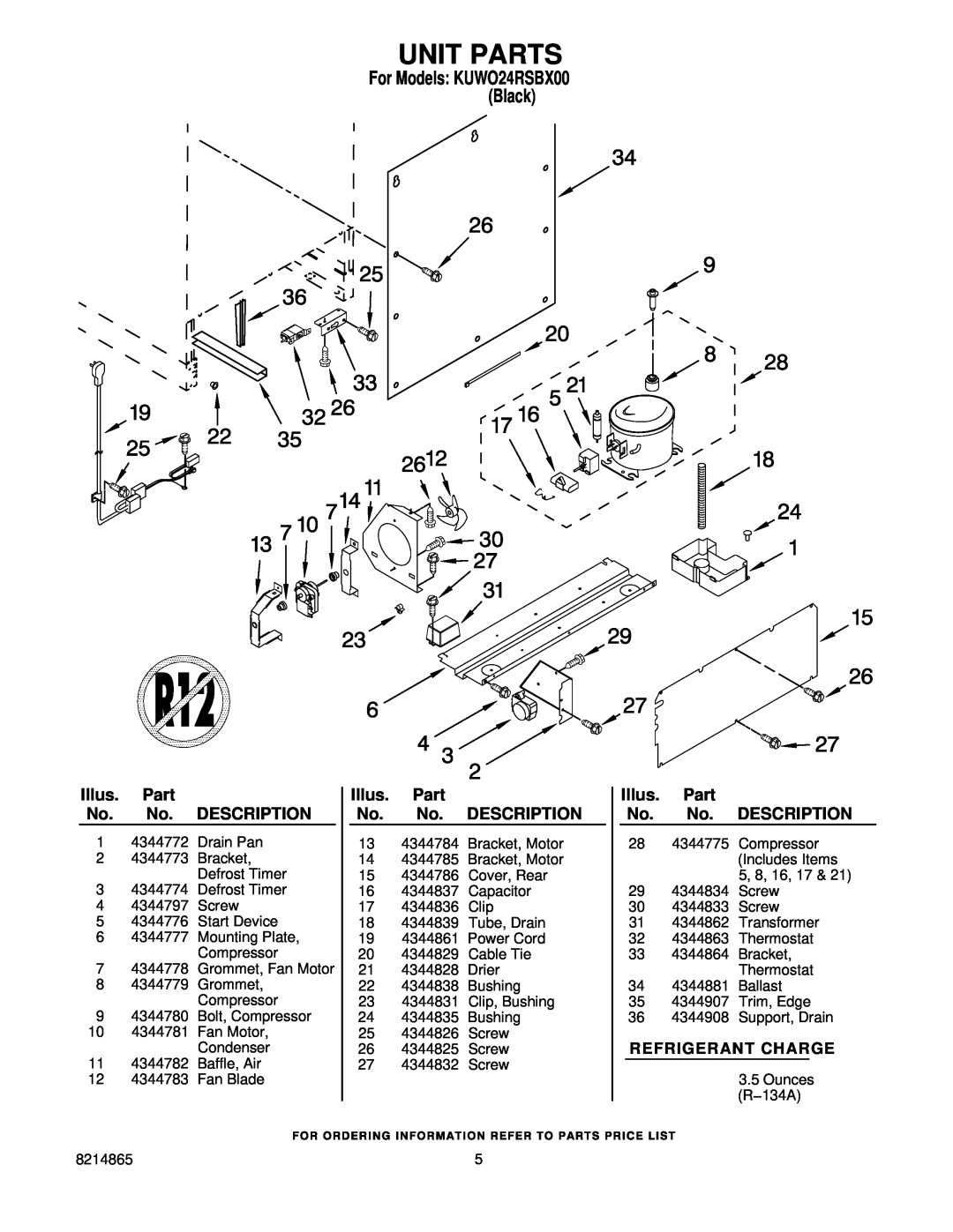 KitchenAid KUWO24RSBX00 manual Unit Parts, Refrigerant Charge, Illus. Part No. No. DESCRIPTION 