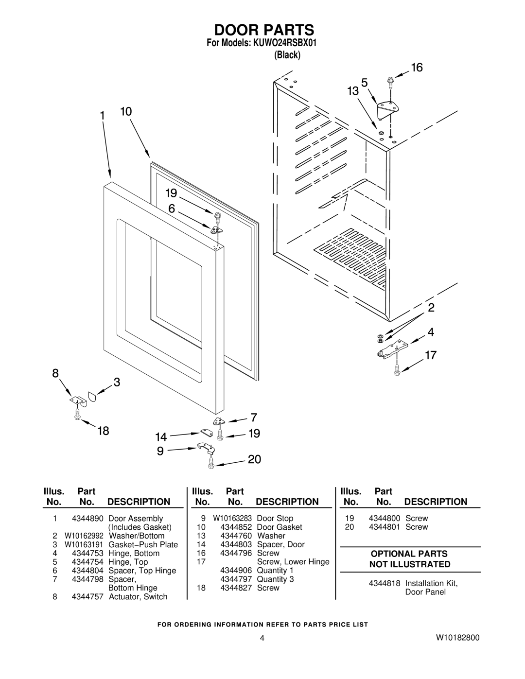 KitchenAid KUWO24RSBX01 manual Door Parts 