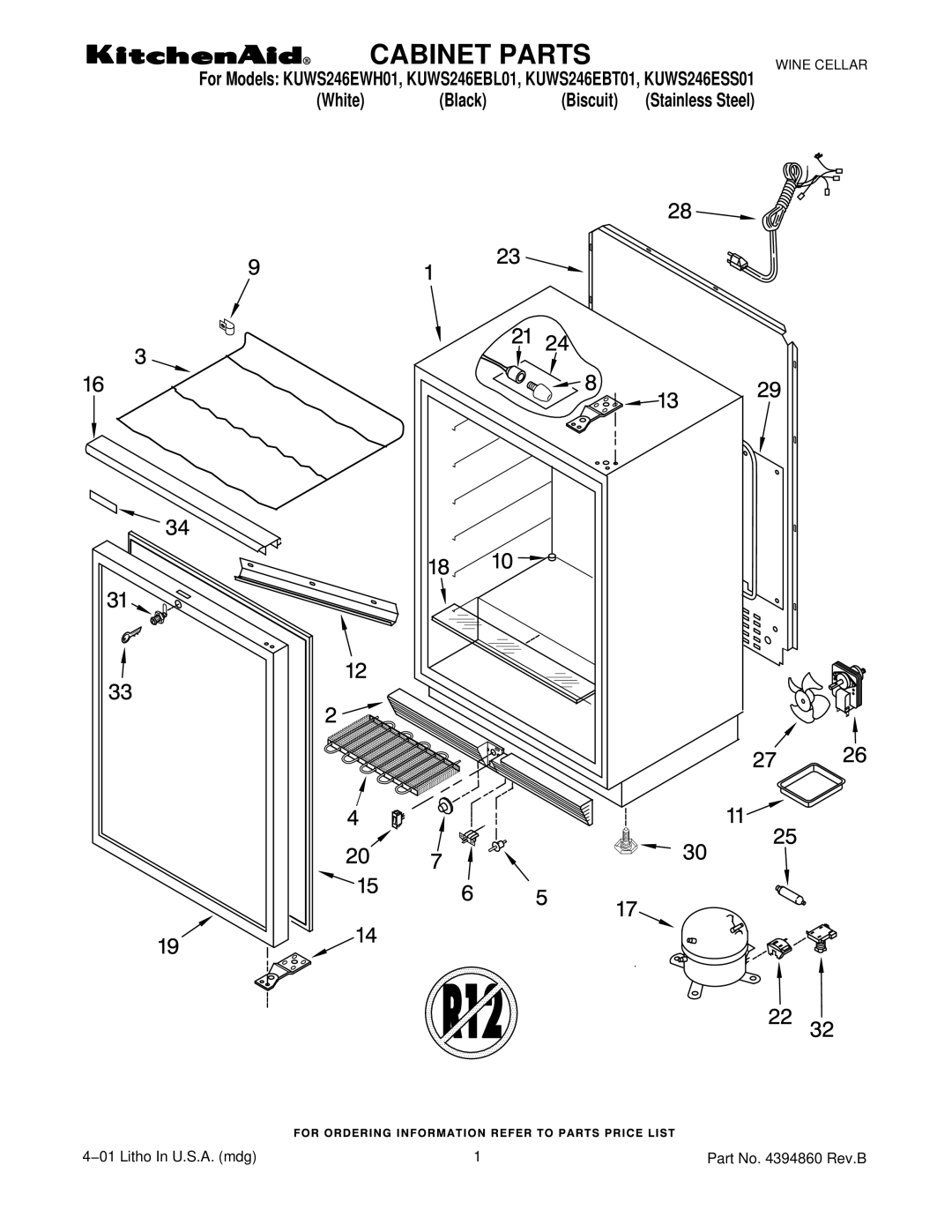 KitchenAid KUWS246EBT01, KUWS246EWH01, KUWS246ESS01, KUWS246EBL01 manual Cabinet Parts 