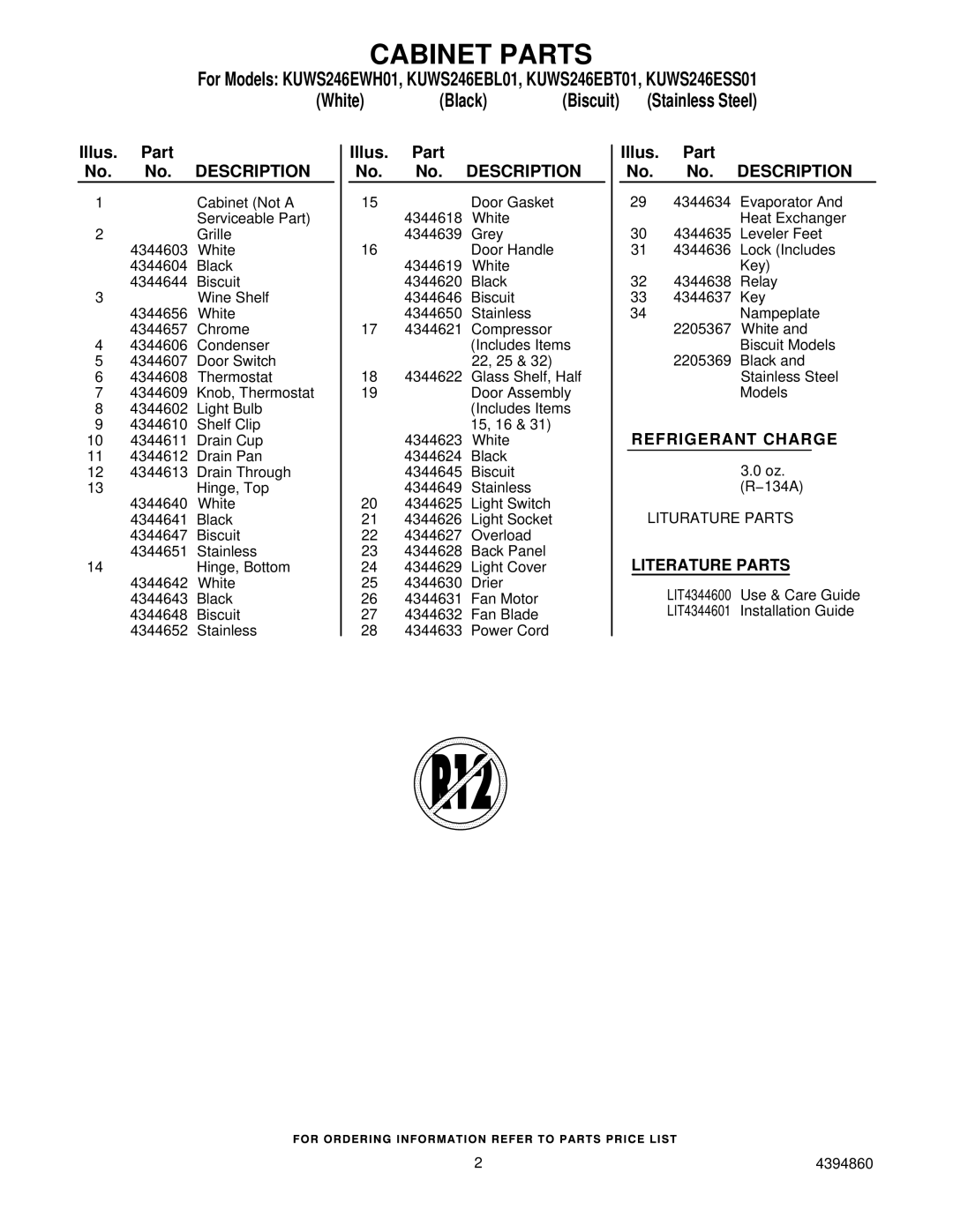 KitchenAid KUWS246ESS01, KUWS246EWH01, KUWS246EBT01, KUWS246EBL01 manual Cabinet Parts, Illus. Part No. No. Description 