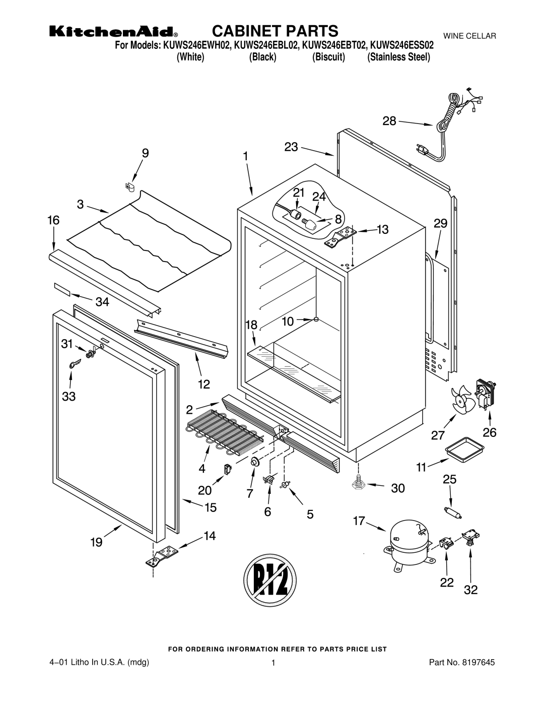 KitchenAid KUWS246EBT02, KUWS246EWH02, KUWS246ESS02, KUWS246EBL02 manual Cabinet Parts 