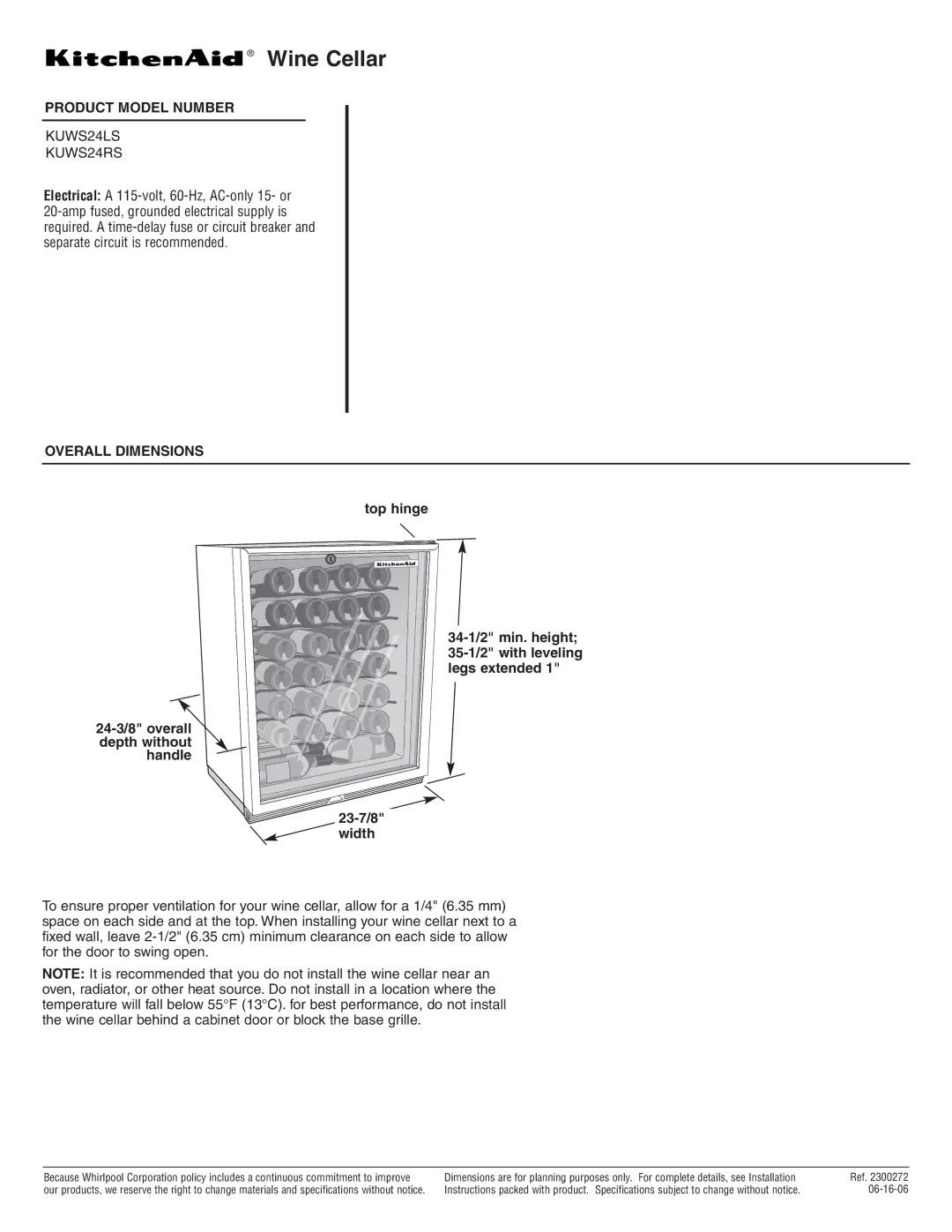 KitchenAid dimensions Wine Cellar, Product Model Number, KUWS24LS KUWS24RS, Overall Dimensions 