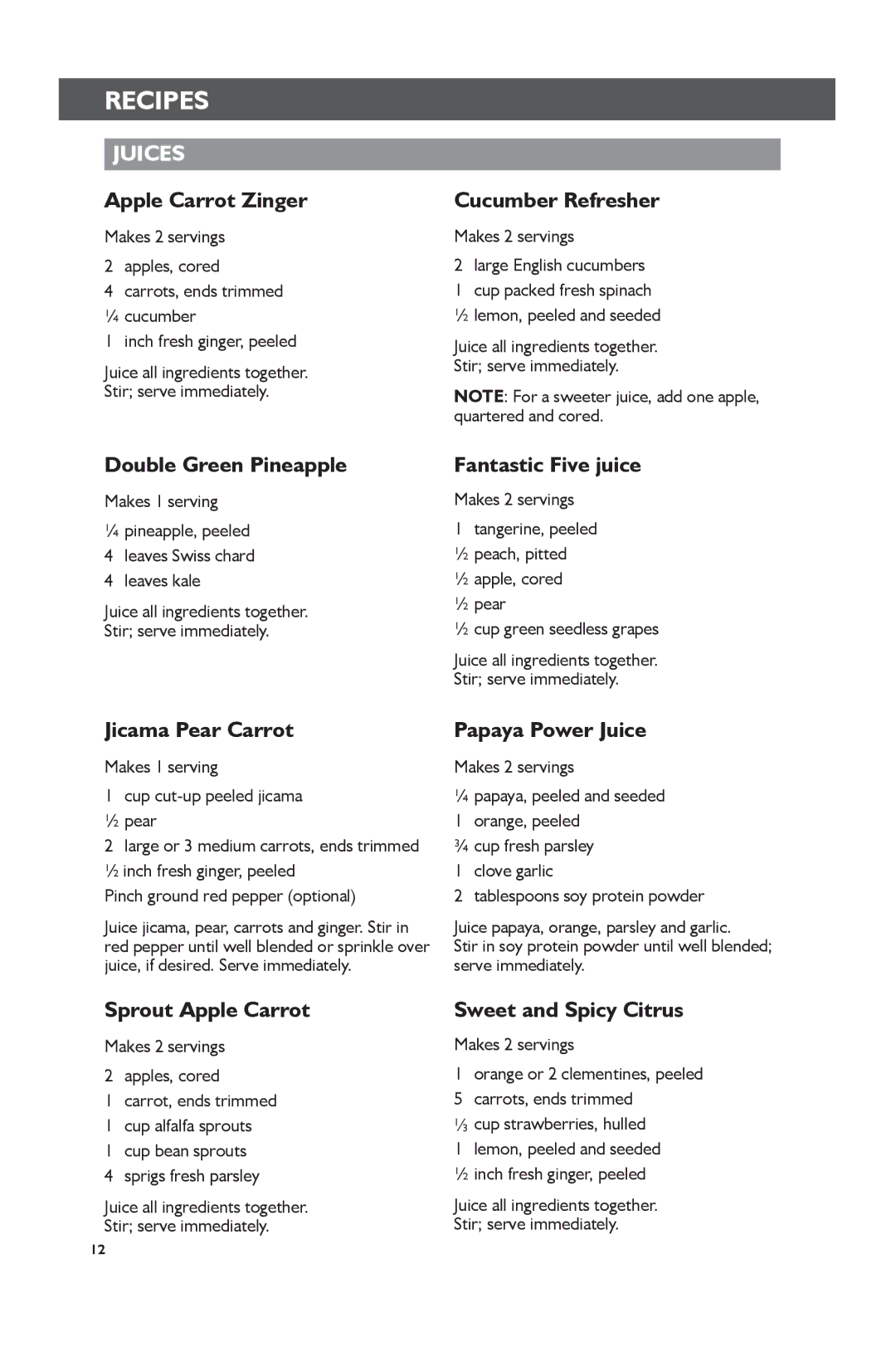 KitchenAid KVJ0111 manual Recipes, Juices 