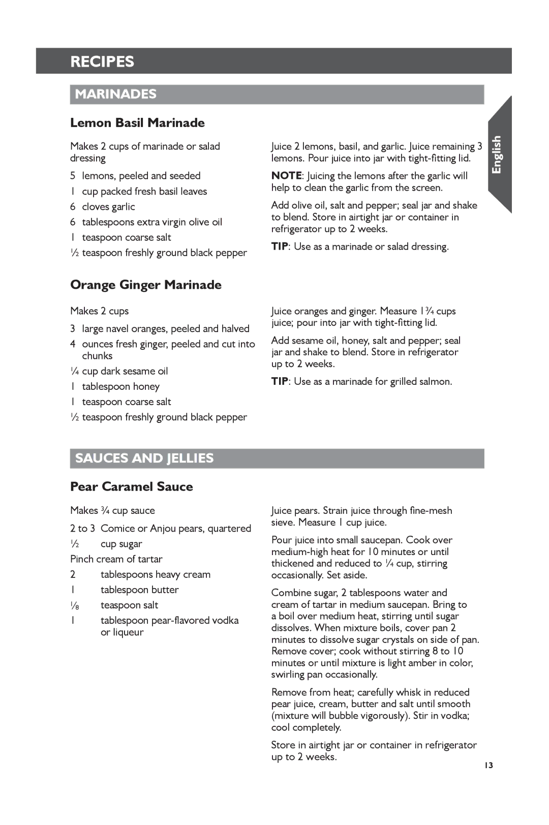 KitchenAid KVJ0111 manual Marinades, Lemon Basil Marinade, Orange Ginger Marinade, Sauces and Jellies, Pear Caramel Sauce 