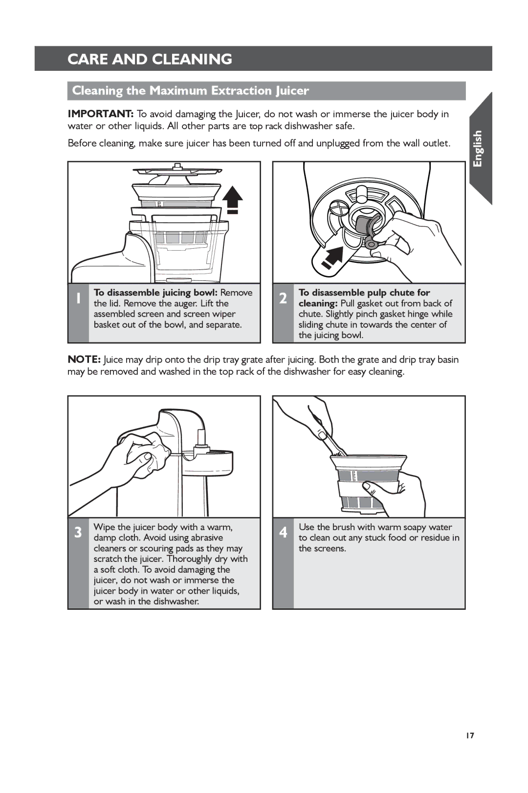 KitchenAid KVJ0111 manual Care and Cleaning, Cleaning the Maximum Extraction Juicer 