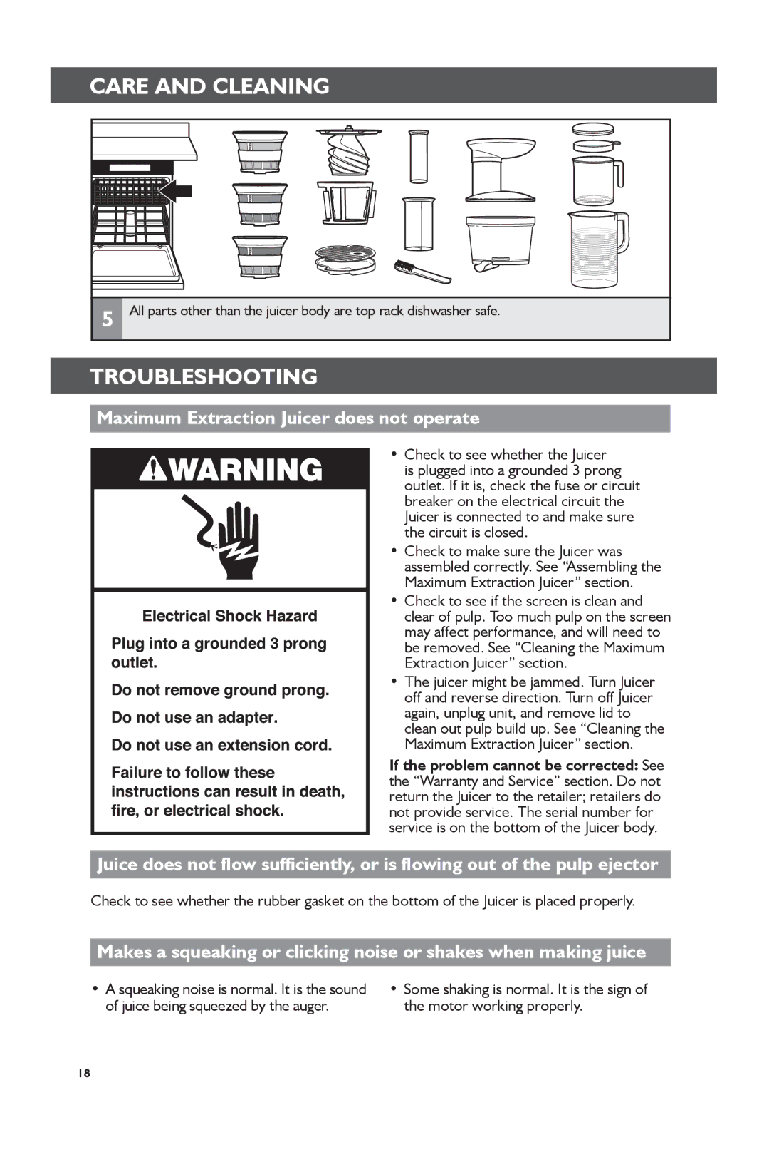 KitchenAid KVJ0111 manual Troubleshooting, Maximum Extraction Juicer does not operate 